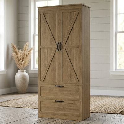 Armoire de ferme grise avec porte de grange élégante, tiroirs et tablettes réglables, idéale pour la cuisine, la salle à manger, le salon et la salle de bain