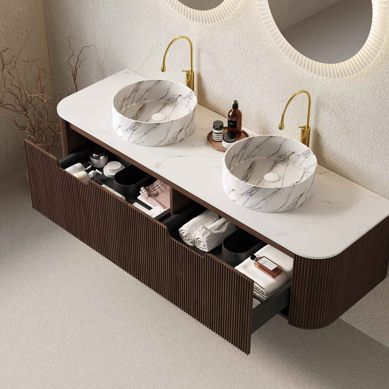Meuble-lavabo de salle de bain 60 po avec lavabos 60 po, bordures courbées et rayées avec 2 tiroirs, 2 lavabos en céramique blanche avec motif de pierre, pré-assemblé