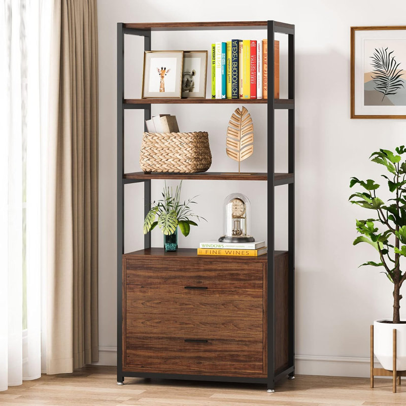 Bookcase, 4-Tier Bookshelf With 2 Drawers, Etagere Standard Book Shelves Display Shelf For Home Office, Rustic Brown