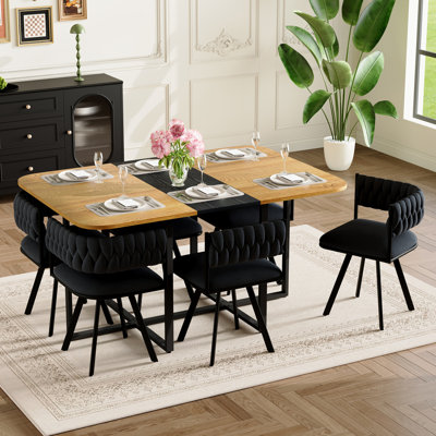 Farmhouse 7 Piece Dining Set Extendable Rectangular Dining Table with 6 Upholstered Chairs MDF