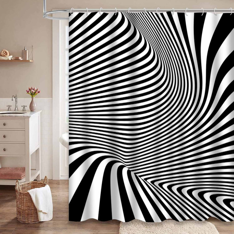 Rideau de douche optique à rayures noires avec 12 crochets, L 72 po x l 84 po
