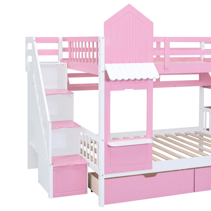 Lit superposé rose avec design, 2 tiroirs, 3 tablettes et glissade - idéal pour la chaleur de la chambre à coucher, Pin, Rose