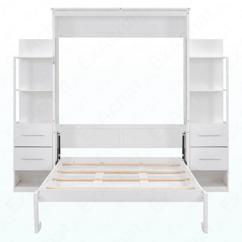 Lit escamotable double pleine grandeur avec tablettes, tiroirs et lumières DEL, blanc, Complète