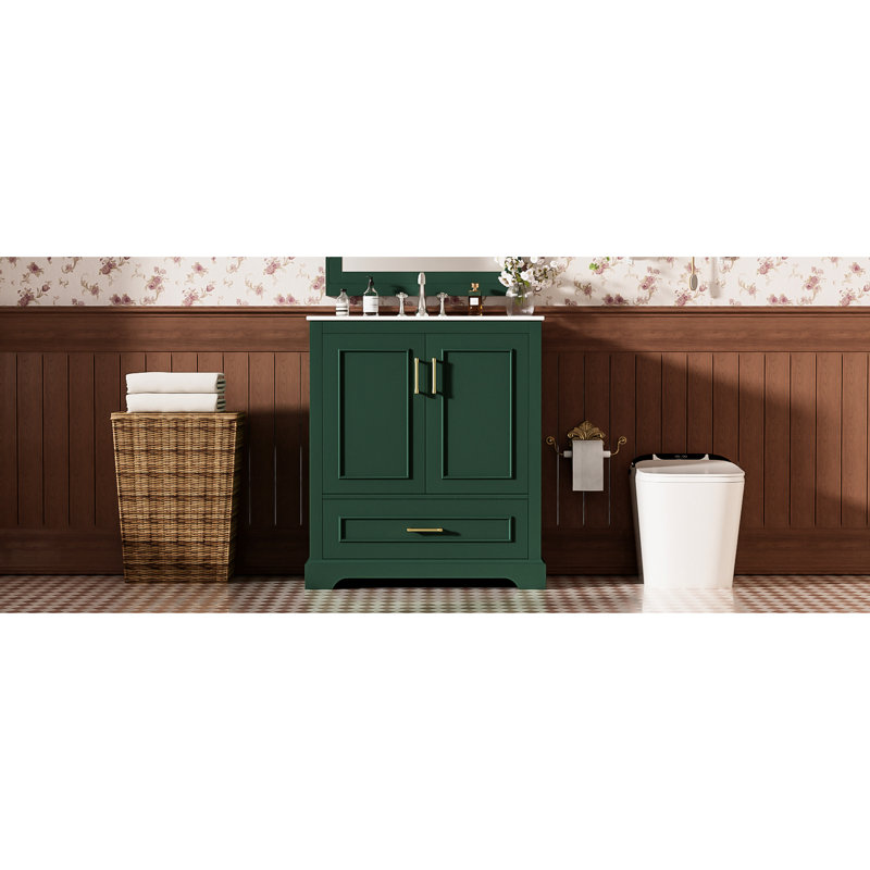 Meuble-lavabo moderne de 30 po avec lavabo en céramique facile, structure en bois massif, 1 tiroir séparateur, 2 portes à fermeture en douceur, double tablette, autoportant, rangement pratique et tablette sur porte, conception intelligente