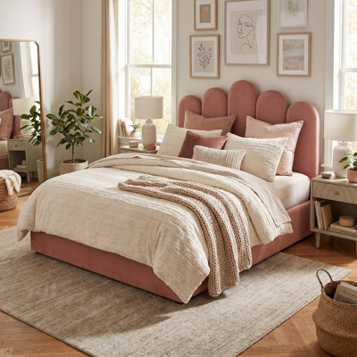 Velvet Palm-shaped Headboard Full Bed Frame with Lift Up Storage, No Box Spring Needed, Pink