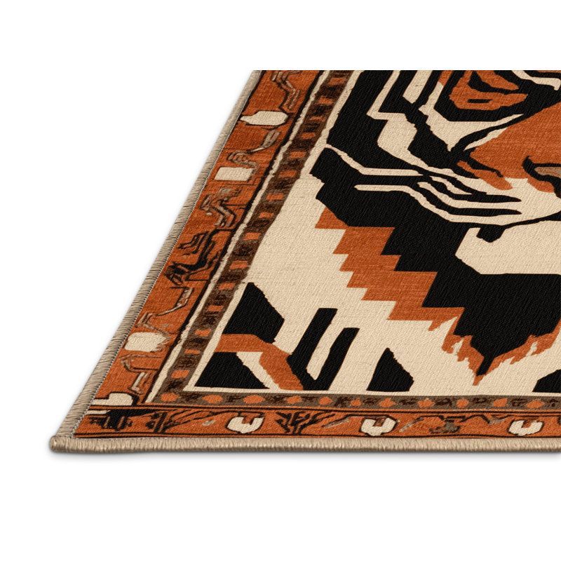 Tapis art déco brun lavable à la machine, Rond 4 pi