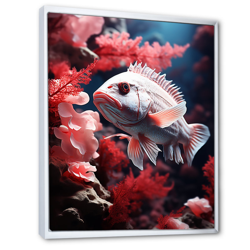 Reproduction sur toile monochrome de poissons roses et gris I, Cadre flottant blanc, H 32 po x l 24 po x P 1 po