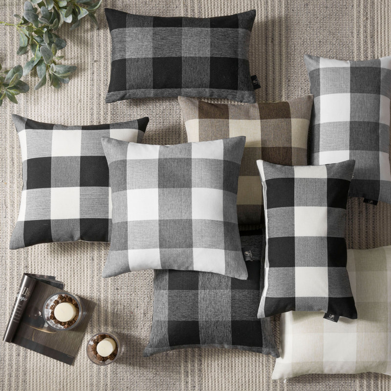 Off-White Beige Checkered Cotton Blend Throw Pillow Set