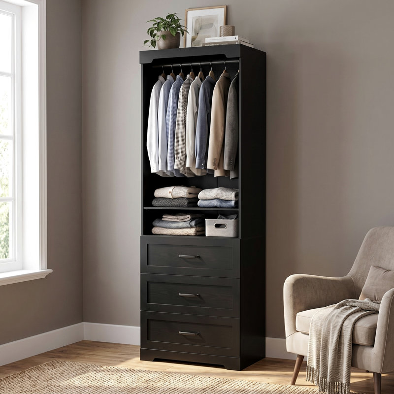 Système de placard autoportant avec 3 tiroirs, garde-robe avec tablettes réglables et tringle, noir, Noir