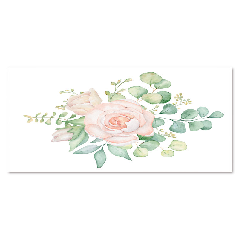Bouquet de fleurs de rose et d'eucalyptus - Peinture sur toile, H 28 po x l 60 po x P 1,5 po, Toile tendue