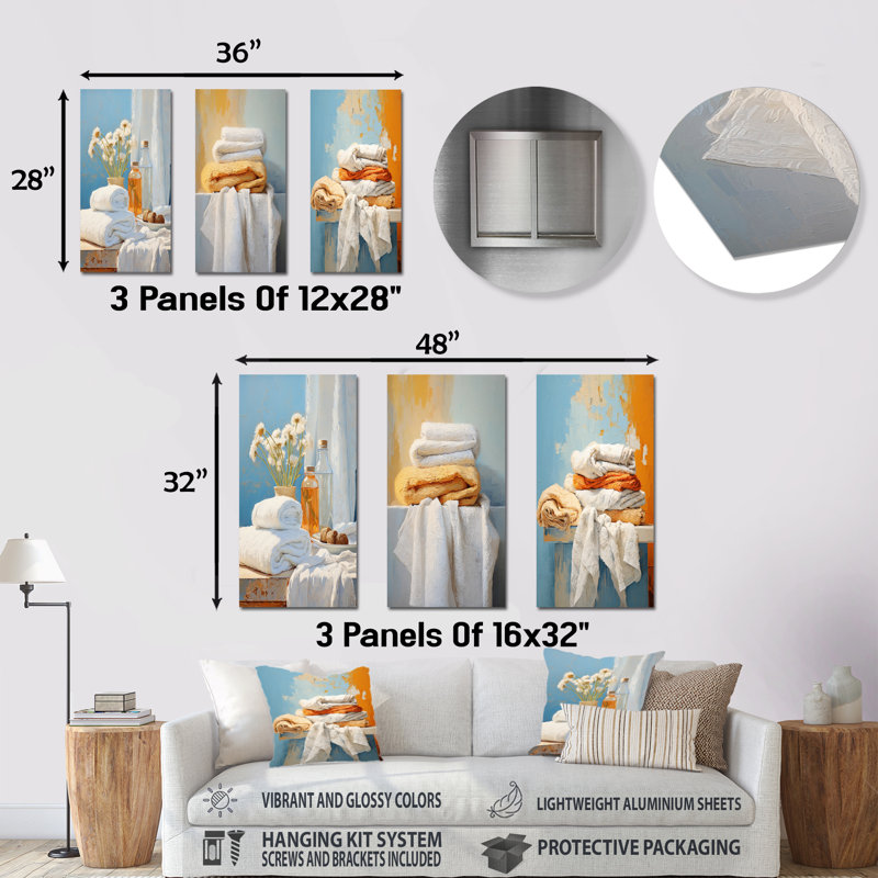 Ensemble de 3 serviettes murales blanches et orange, H 28 po x l 36 po