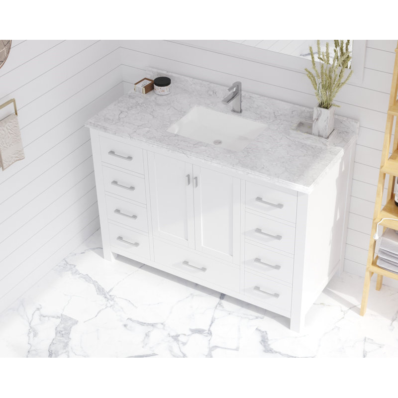 Ensemble de meuble-lavabo simple 48 po Mariário, Marbre de Carrare blanc, Blanc