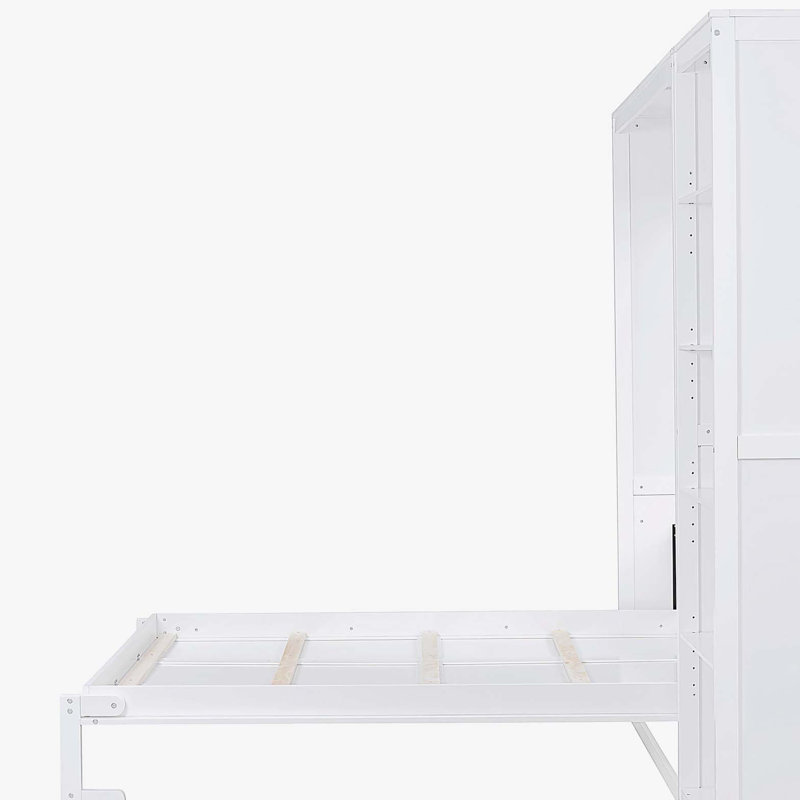 Grand lit escamotable mural avec tablettes, blanc, Blanc, Grand lit