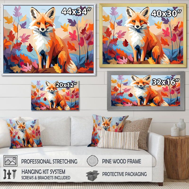 «Orange Foxes Leaf Adventure II», art mural animal renard, Cadre doré à coins fermés, H 30 po x l 40 po x P 1,5 po