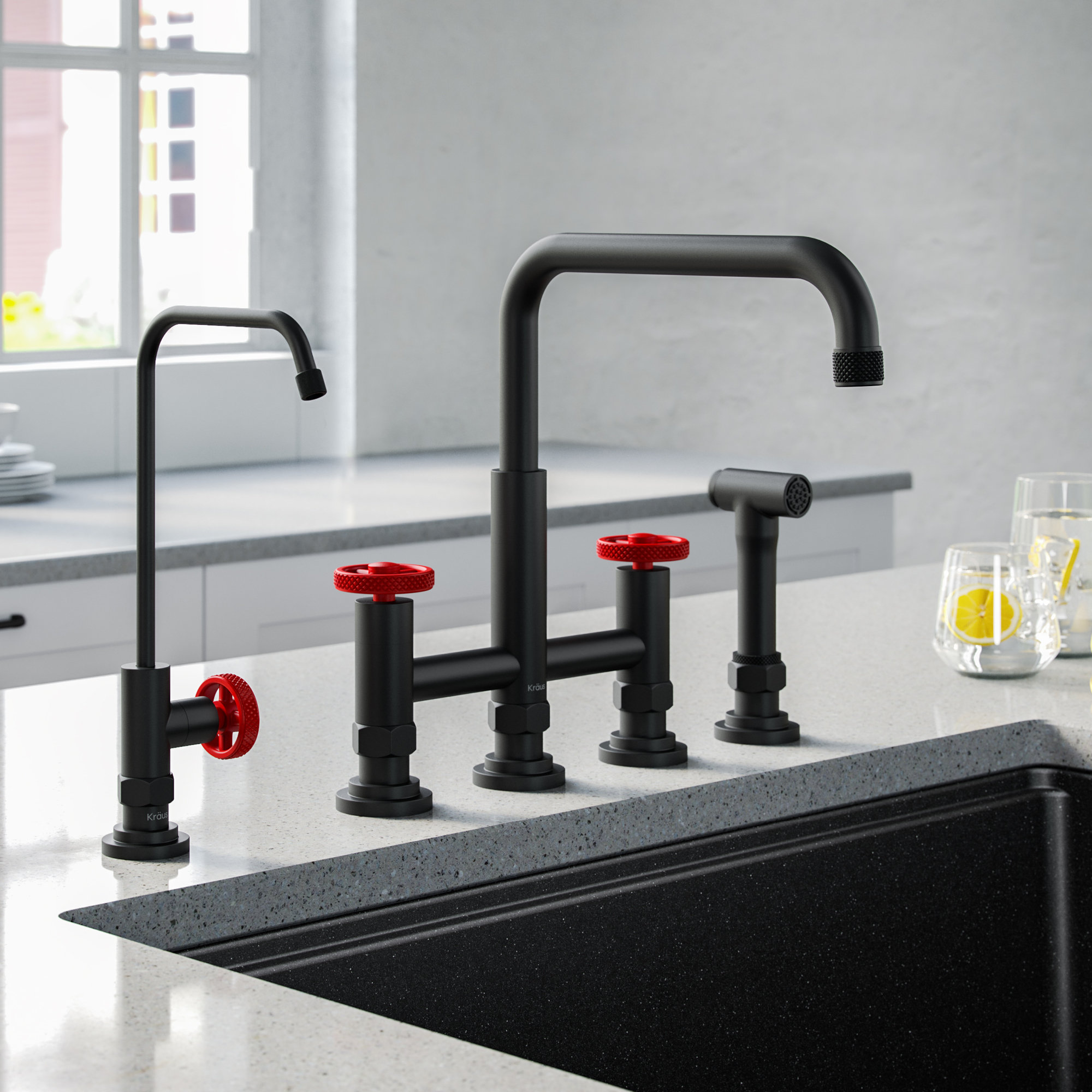 KRAUS Urbix Industrial Bridge Kitchen Faucet and Water Filter Faucet Combo, Matte Black/Red