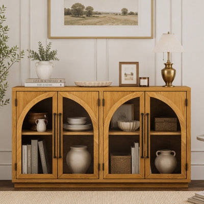  4-Door Arched Glass Sideboard Buffet Cabinet, Retro Wooden Storage Cabinet with Adjustable Shelves & Cable Holes for Kitchen, Dining Room, Living Room