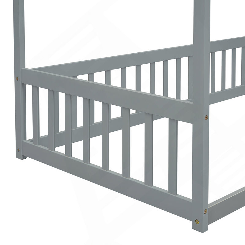 Canopy Frame Floor Bed With Fence, Guardrails, Gray, Twin