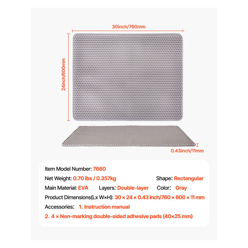 Tapis de recouvrement pour litière double en nid d'abeille, 30 x 24 po, gris, 2.95" H x 13.39" W x 16.93" D