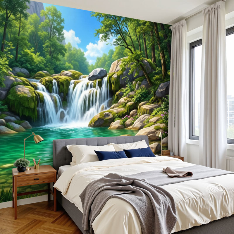 Papier peint adhésif peler et coller Serene Forest Waterfall, L 144 po x l 100 po