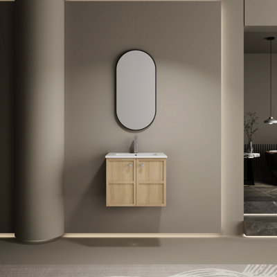 Meuble-lavabo de 24 po avec lavabo en céramique, fabrication en contreplaqué, couleur chêne, 2 portes à fermeture douce, meuble-lavabo à charme moderne, contreplaqué, lavabo, magnétisme