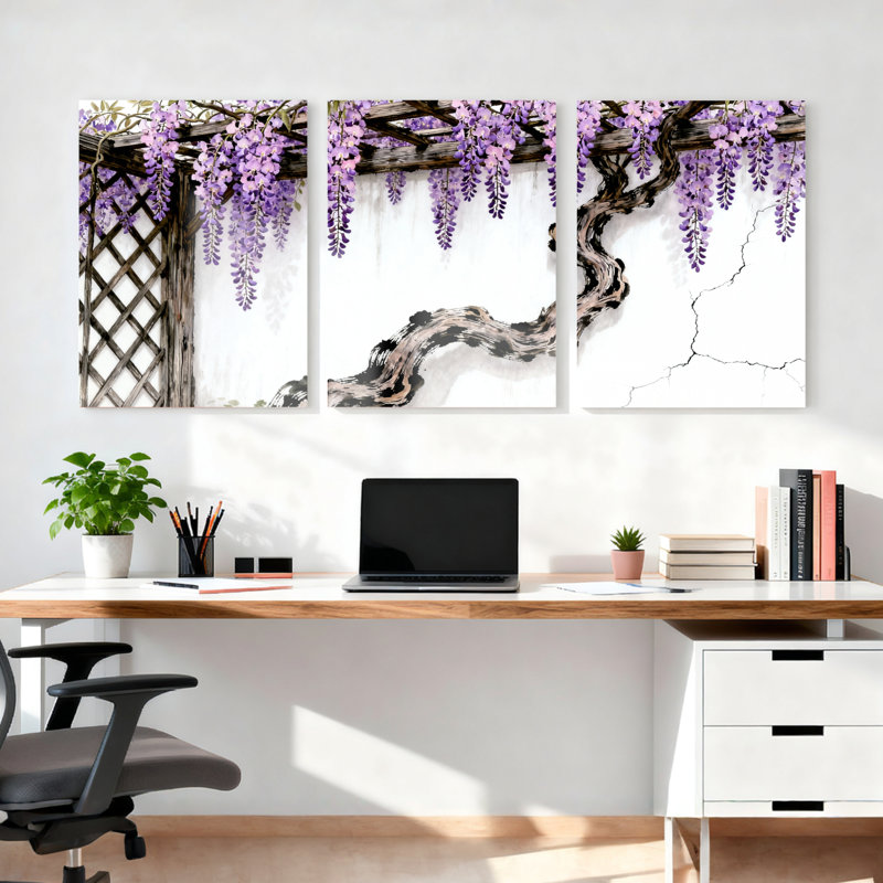 Tableau sur toile tendue représentant une vigne de glycine violette et un treillis en bois (ensemble de 3), H 36 po x l 72 po