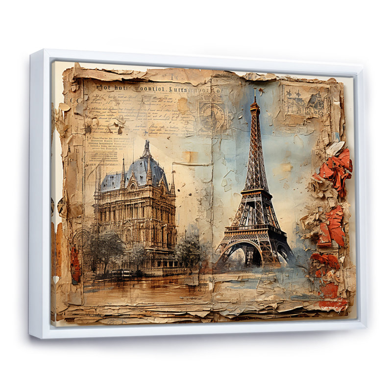 Paris Nostalgia, collage rétro sur toile, H 30 po x l 40 po x P 1,5 po, Cadre flottant blanc