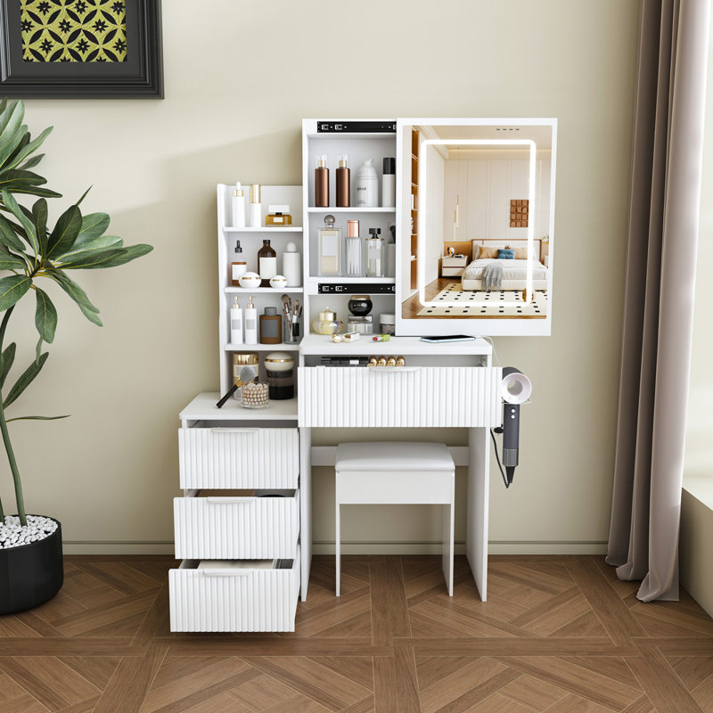 Bureau de coiffeuse moderne avec éclairage DEL, prise de courant et rangement, Blanc