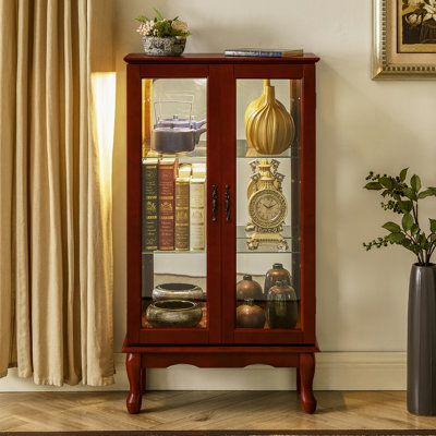 Curio Cabineted Curio Diapaly Cabinet With Adjustable Shelves And Mirrored Back Panel, Tempered Glass Doors (Cherry, 3 Tier), (E26 Bulb Not Included)