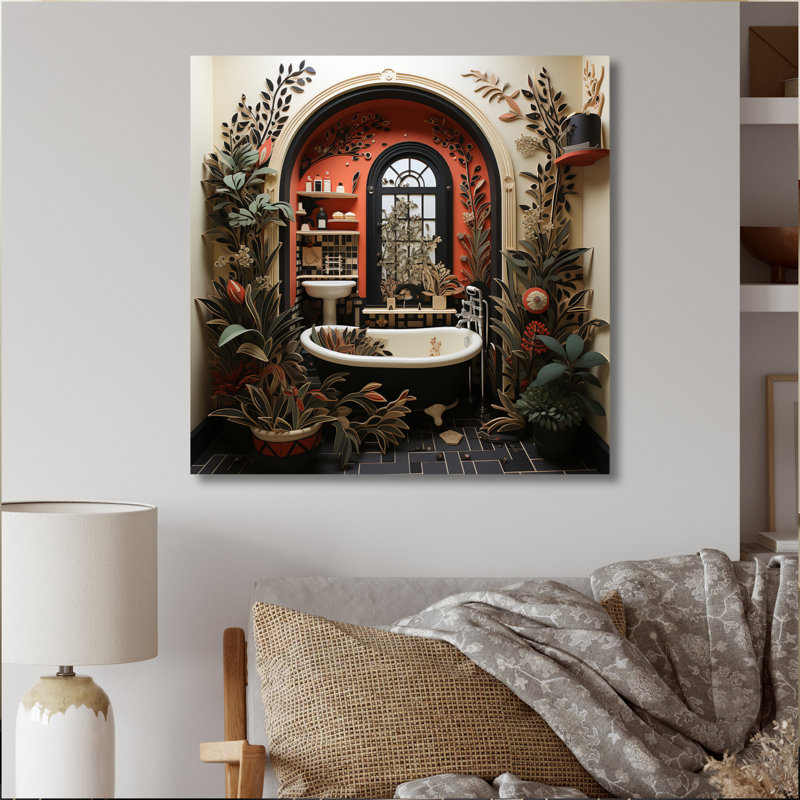 " Red Modern Bathroom Charm I ", Wrapped Canvas, 24" H x 24" W x 1" D
