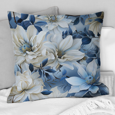 Arctic Blue And White Botanical Pattern I - Floral Printed Throw Pillow