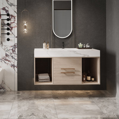 Meuble-lavabo flottant avec lavabo en céramique, meuble-lavabo mural avec 2 tiroirs à fermeture en douceur