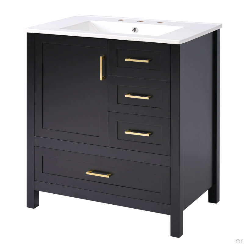 Ensemble de meuble-lavabo 30 po avec lavabo, armoire de rangement en bois massif avec porte à fermeture en douceur, 3 tiroirs, avec plateau amovible - Certifié EPA / UPC