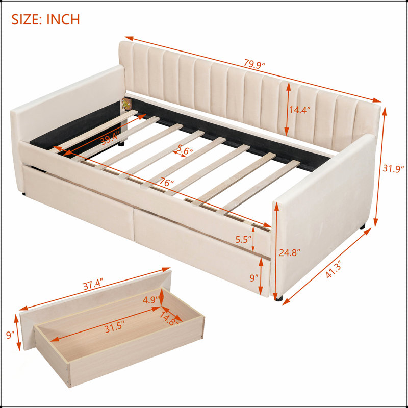Lit de jour rembourré avec tiroirs spacieux et support en lattes de bois pour plus de confort et de rangement, Beige