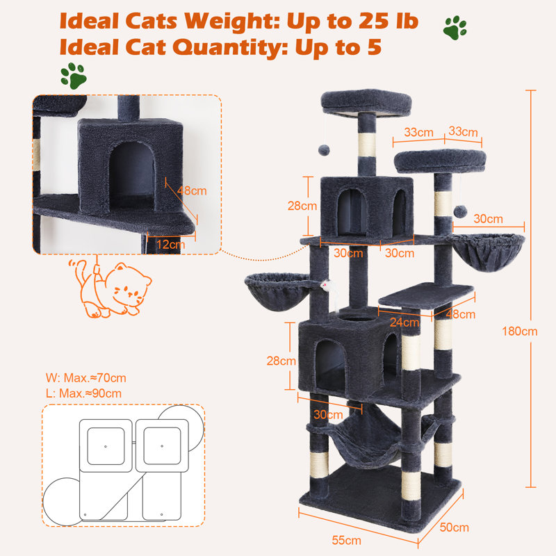Arbre à chat H 180 cm, grand approprite, avec corde en sisal, sur 6 niveaux, Gris foncé