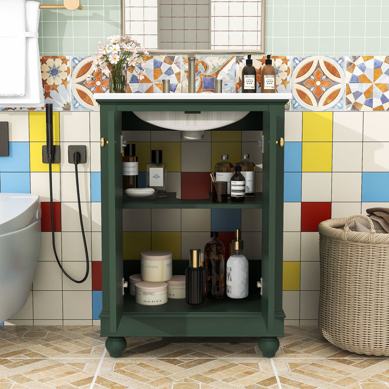 Meuble-lavabo autoportant moderne avec lavabo en céramique, charnières à fermeture douce et tablette réglable, Green