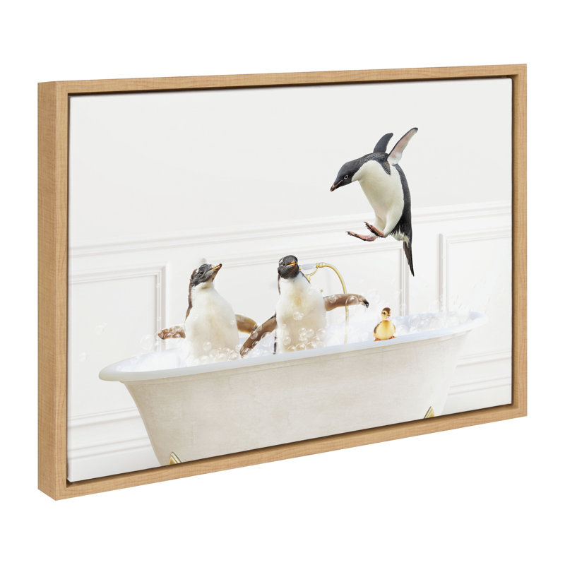 Penguins In Bubble Bath Neutral Style by Amy Peterson Framed Canvas Wall Art Print