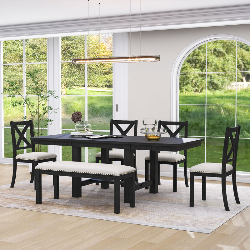 Farmhouse 6-Piece Extendable Dining Table Set with 2 Removable Leaf, 4 Upholstered Chairs and Bench, Black