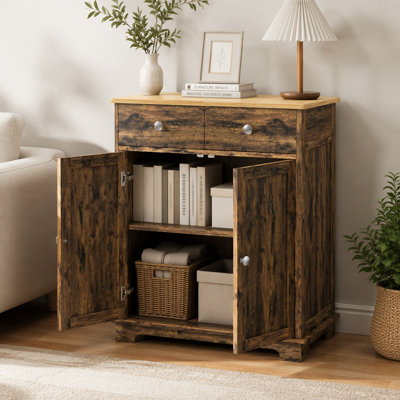 Buffet avec comptoir en bois massif, armoire de rangement de cuisine, armoire à café avec tiroirs, portes et tablette réglable, rustique
