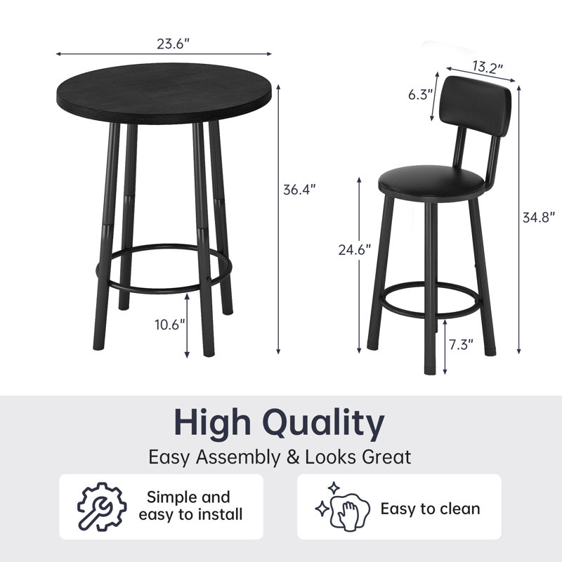Ensemble de table de bar 3 pièces, table haute ronde de style pub avec 2 tabourets de bar avec dossier, ensemble de repas bistro moderne pour cuisine, appartement, bar à domicile