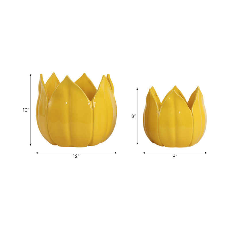 Sagebrook Home 2-Pieces Petal Planters, White, Yellow, 10" H x 12" W x 12" D