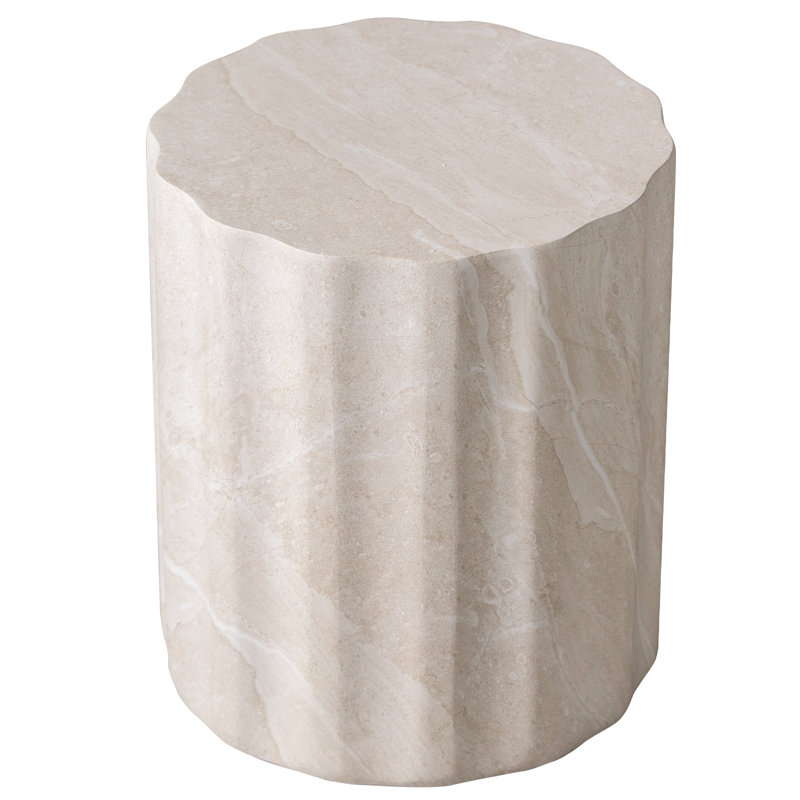 Table d'appoint ronde en travertin crème 18 po Ridge, tabouret colonne à bord ondulé contemporain, petite table de bout pour le vestibule