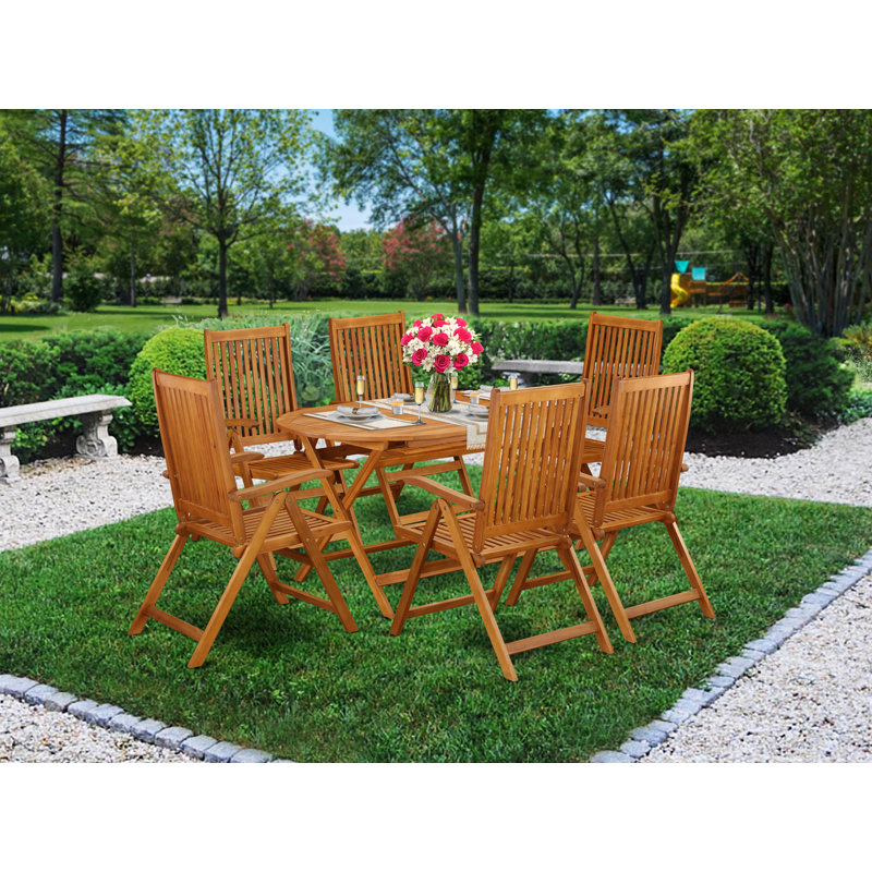 Ensemble de 7 pièces de mobilier de bistro de patio comprenant une table ovale d'extérieur en bois d'acacia et 6 chaises pliantes à accoudoirs réglables, 36 x 60 po, huile naturelle