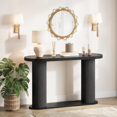 42.5” Oval Fluted Console Table with Storage Shelf – Narrow Entryway Table, Modern Sofa Table for Hallway, Foyer, Living Room, Behind Couch