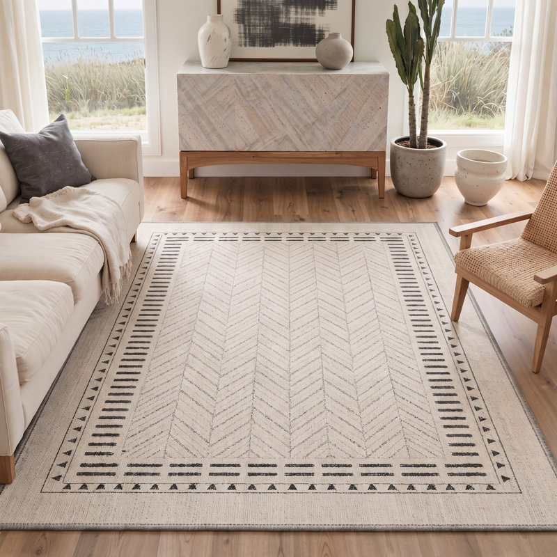 Tapis à chevrons gris/ivoire lavable à la machine avec envers antidérapant, Rectangle 9 pi x 12 pi
