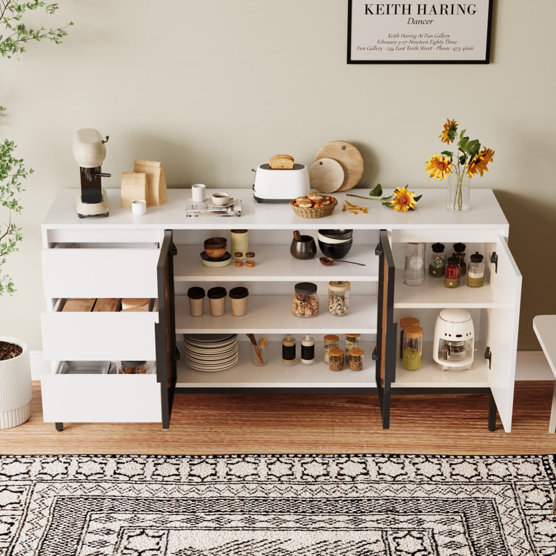 Buffet avec rangement, salle de rangement à panneau latéral de cuisine avec portes et 3 tiroirs, support de garde-manger, console, mobilier de table de salle à manger, salon, salle à manger blanche