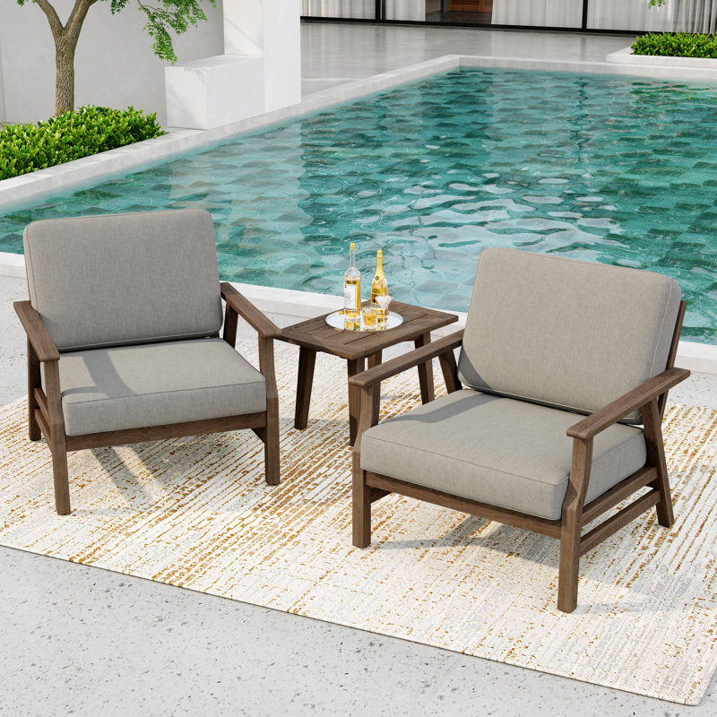 Shweta Solid Wood Outdoor Three Pieces Chair Conversation Seating Group With Cushions And Side Table, Brown, Light Camel