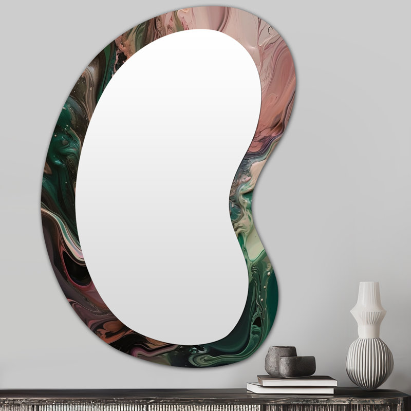 Esteysi Pink Green Inner Worlds Of Marble IV - Geometric Irregular Shape Wall Mirror, Pink Asymmetrical Decorative Mirror, Printed Metal Art