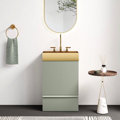 Meuble-lavabo autoportant moderne de 51 cm (20 po) avec lavabo monobloc en or brossé, E1, tiroir à fermeture amortie, trous de fixation murale, lavabo intégré, finition soignée, rangement dissimulé.