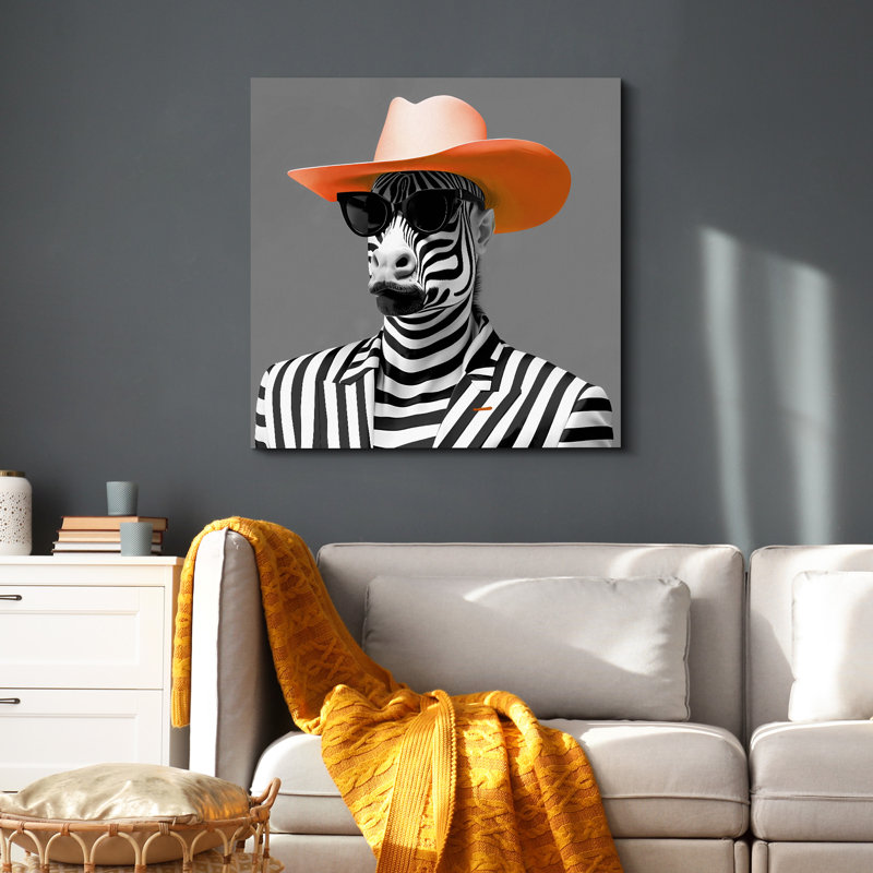 Elegance Fashion - Motif zébré noir et blanc avec chapeau orange, Toile tendue, H 24 po x l 24 po