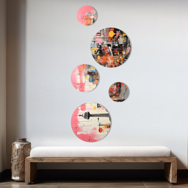 «Pink Vibrant Berlin Cityscape I», ensemble d'art mural rond de Berlin, lot de 5